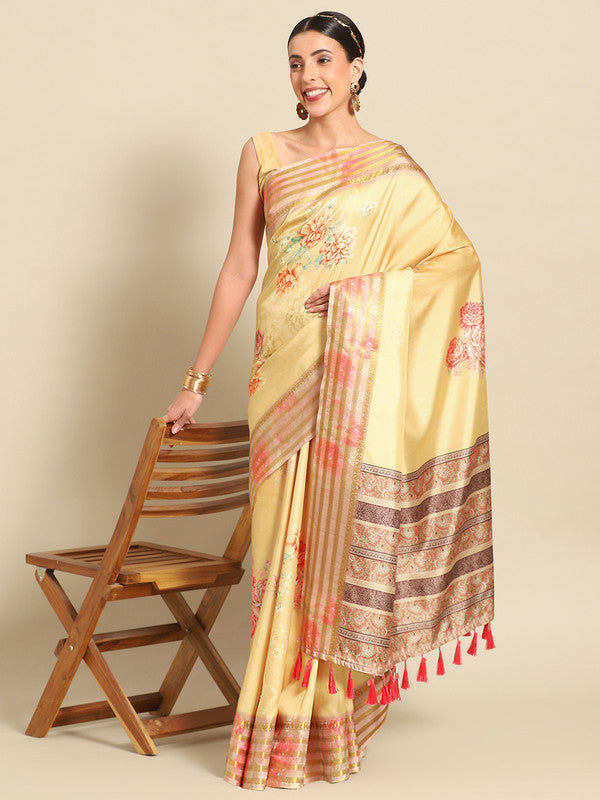 Mustard Art Silk Printed Floral Saree with Unstitched Blouse - Hiral Fashion