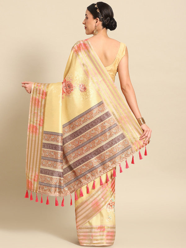 Mustard Art Silk Printed Floral Saree with Unstitched Blouse - Hiral Fashion
