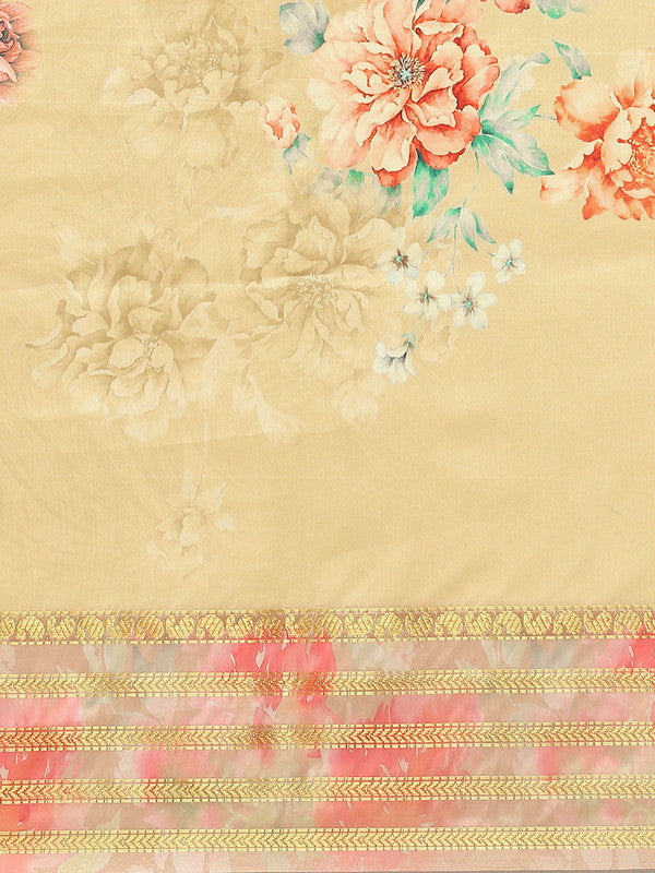 Mustard Art Silk Printed Floral Saree with Unstitched Blouse - Hiral Fashion