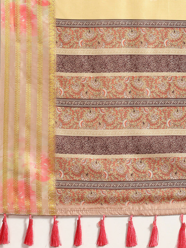 Mustard Art Silk Printed Floral Saree with Unstitched Blouse - Hiral Fashion