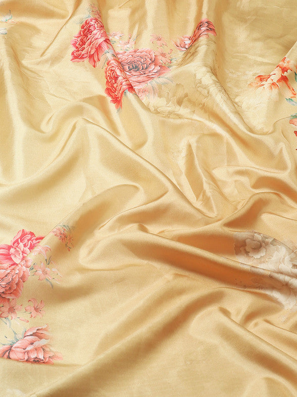 Mustard Art Silk Printed Floral Saree with Unstitched Blouse - Hiral Fashion