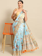 Blue Art Silk Printed Floral Saree with Unstitched Blouse - Hiral Fashion