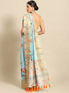 Blue Art Silk Printed Floral Saree with Unstitched Blouse - Hiral Fashion