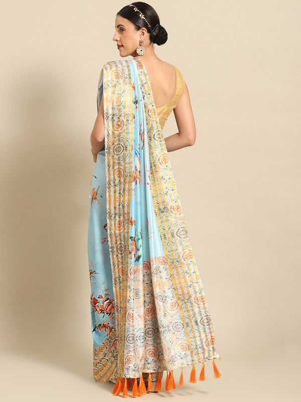 Blue Art Silk Printed Floral Saree with Unstitched Blouse - Hiral Fashion