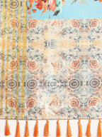 Blue Art Silk Printed Floral Saree with Unstitched Blouse - Hiral Fashion
