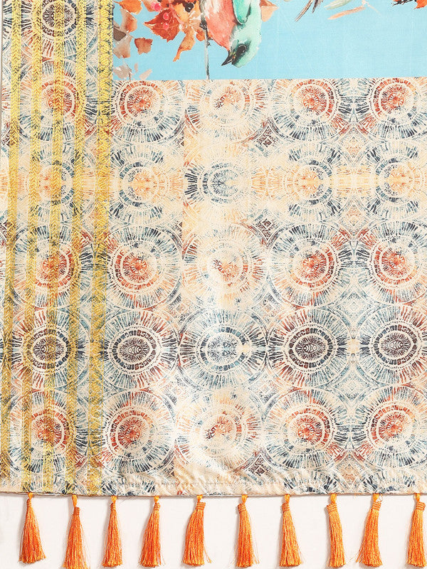 Blue Art Silk Printed Floral Saree with Unstitched Blouse - Hiral Fashion