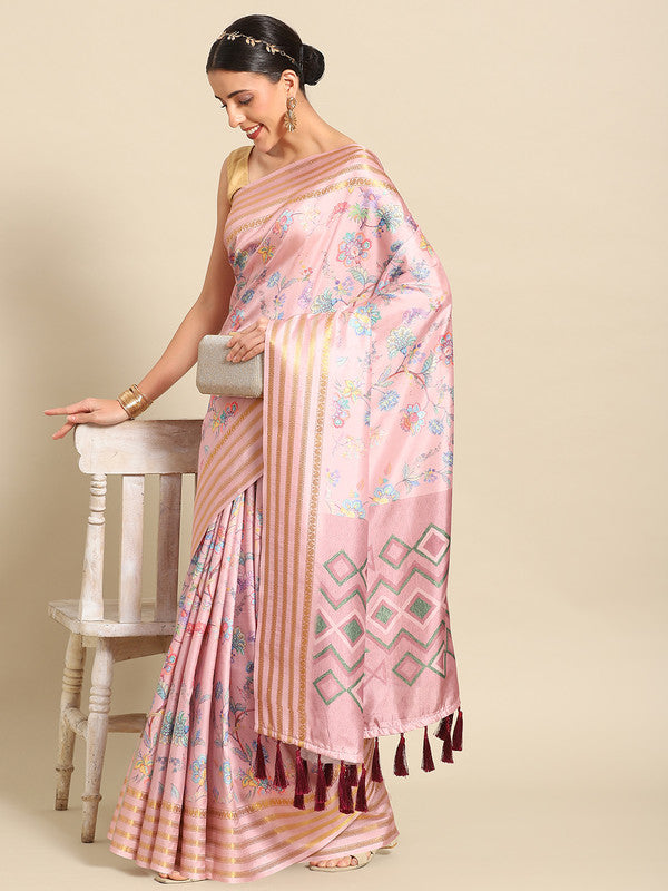Pink Art Silk Printed Floral Saree with Unstitched Blouse - Hiral Fashion