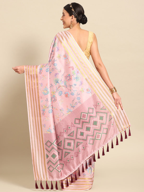 Pink Art Silk Printed Floral Saree with Unstitched Blouse - Hiral Fashion