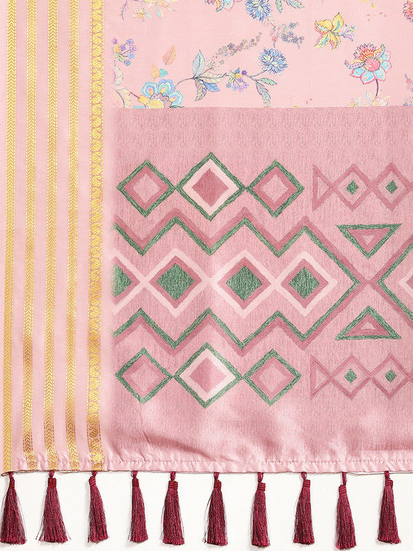 Pink Art Silk Printed Floral Saree with Unstitched Blouse - Hiral Fashion
