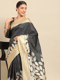 Black Art Silk Printed Floral Saree with Unstitched Blouse - Hiral Fashion