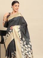 Black Art Silk Printed Floral Saree with Unstitched Blouse - Hiral Fashion