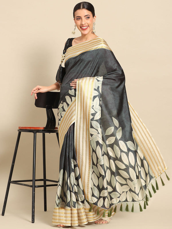 Black Art Silk Printed Floral Saree with Unstitched Blouse - Hiral Fashion