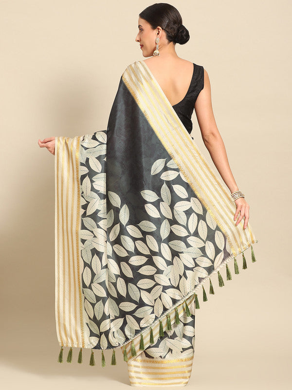 Black Art Silk Printed Floral Saree with Unstitched Blouse - Hiral Fashion