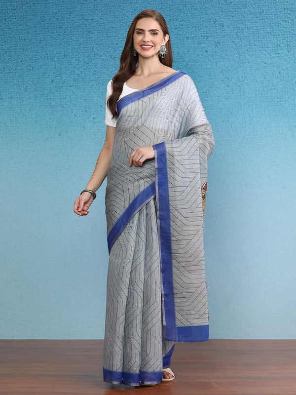 Gray Silk Cotton Digital Print Striped Saree with Unstitched Blouse - Hiral Fashion