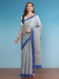 Gray Silk Cotton Digital Print Striped Saree with Unstitched Blouse - Hiral Fashion