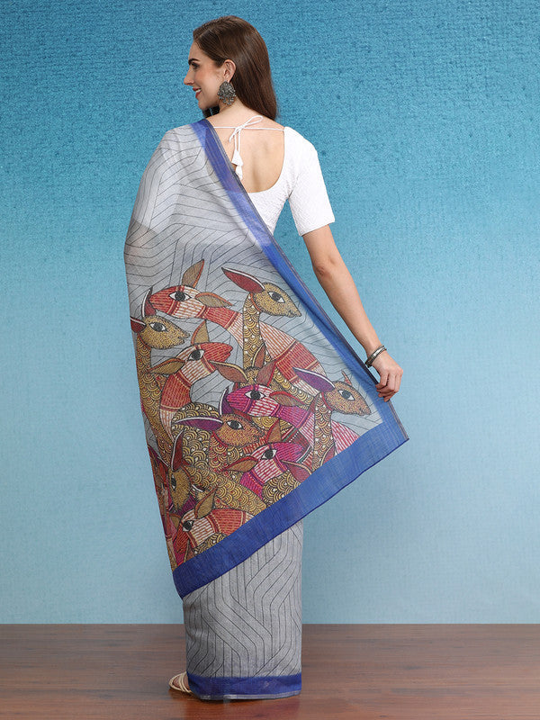 Gray Silk Cotton Digital Print Striped Saree with Unstitched Blouse - Hiral Fashion
