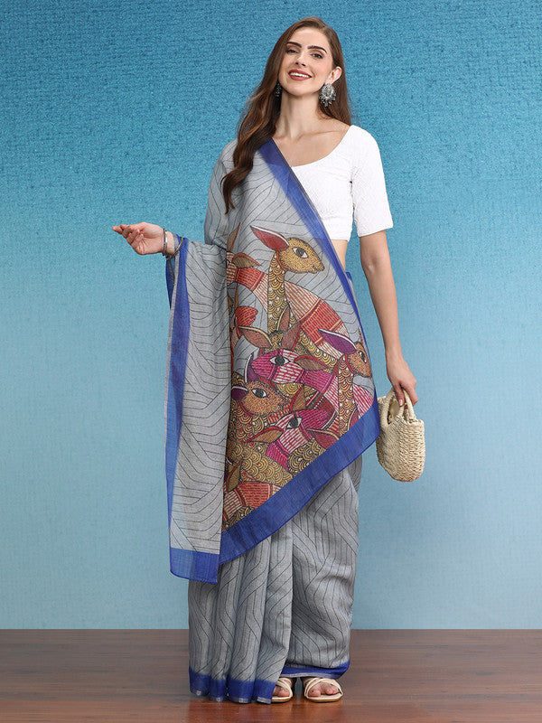 Gray Silk Cotton Digital Print Striped Saree with Unstitched Blouse - Hiral Fashion