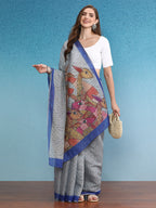 Gray Silk Cotton Digital Print Striped Saree with Unstitched Blouse - Hiral Fashion