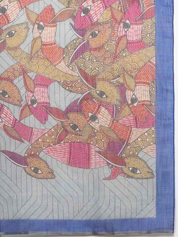 Gray Silk Cotton Digital Print Striped Saree with Unstitched Blouse - Hiral Fashion