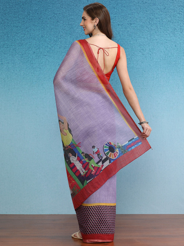 Lavender Silk Cotton Digital Print Solid Saree with Unstitched Blouse - Hiral Fashion