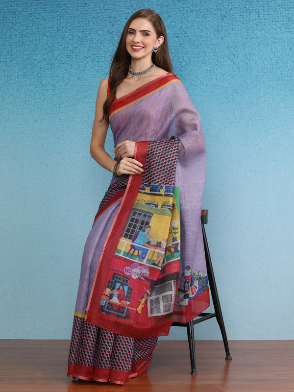 Lavender Silk Cotton Digital Print Solid Saree with Unstitched Blouse - Hiral Fashion