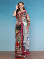 Multicolor Silk Cotton Digital Print Abstract Saree with Unstitched Blouse - Hiral Fashion