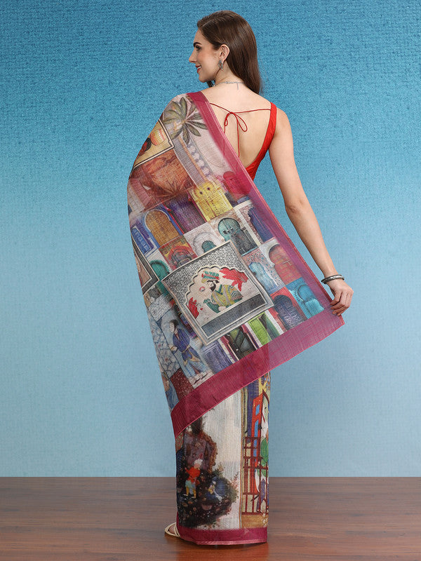 Multicolor Silk Cotton Digital Print Abstract Saree with Unstitched Blouse - Hiral Fashion