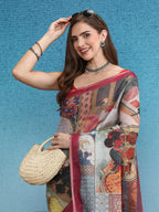 Multicolor Silk Cotton Digital Print Abstract Saree with Unstitched Blouse - Hiral Fashion