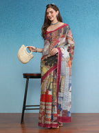 Multicolor Silk Cotton Digital Print Abstract Saree with Unstitched Blouse - Hiral Fashion