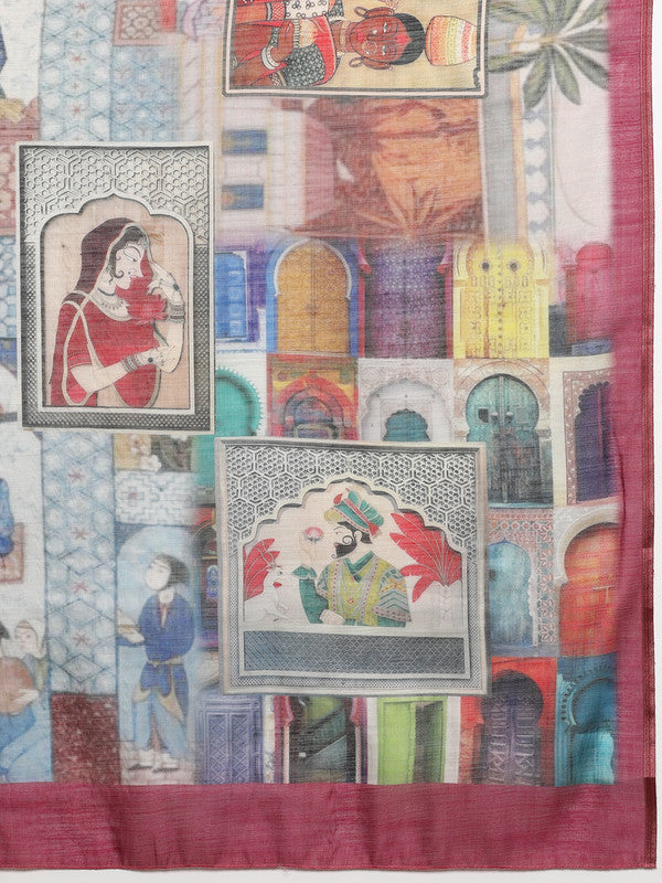 Multicolor Silk Cotton Digital Print Abstract Saree with Unstitched Blouse - Hiral Fashion