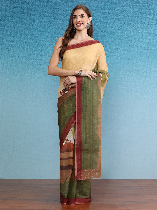 Multicolor Silk Cotton Digital Print Floral Saree with Unstitched Blouse - Hiral Fashion