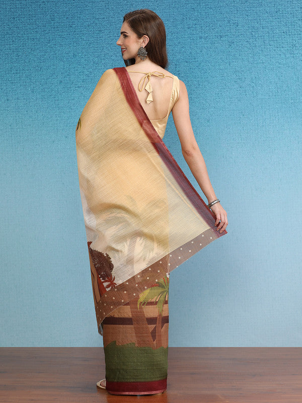 Multicolor Silk Cotton Digital Print Floral Saree with Unstitched Blouse - Hiral Fashion