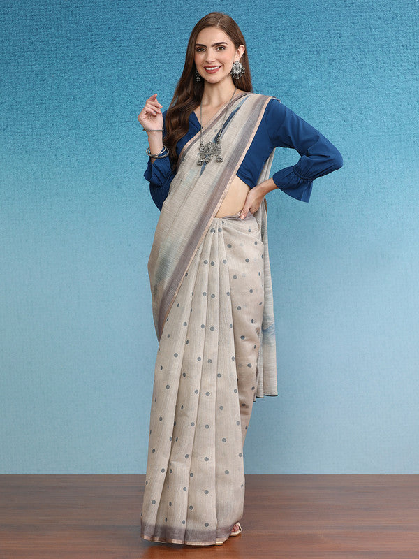 Beige Silk Cotton Digital Print Polka Dots Saree with Unstitched Blouse - Hiral Fashion