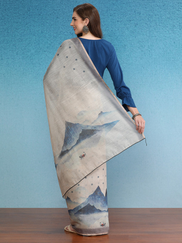 Beige Silk Cotton Digital Print Polka Dots Saree with Unstitched Blouse - Hiral Fashion