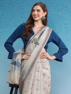 Beige Silk Cotton Digital Print Polka Dots Saree with Unstitched Blouse - Hiral Fashion
