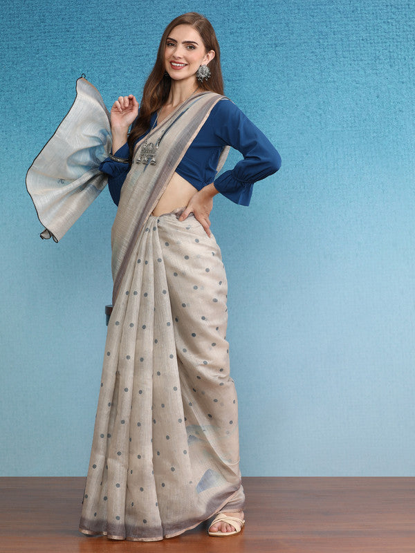 Beige Silk Cotton Digital Print Polka Dots Saree with Unstitched Blouse - Hiral Fashion