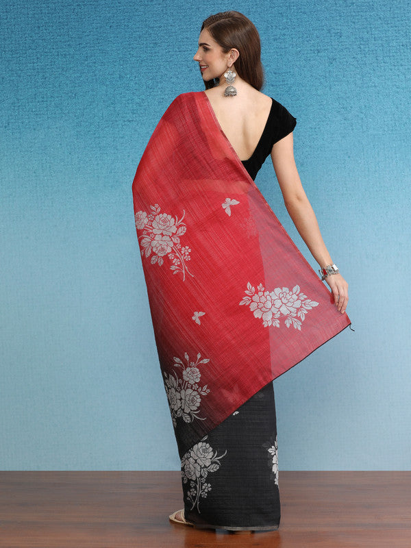 Black Silk Cotton Digital Print Floral Saree with Unstitched Blouse - Hiral Fashion