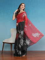 Black Silk Cotton Digital Print Floral Saree with Unstitched Blouse - Hiral Fashion