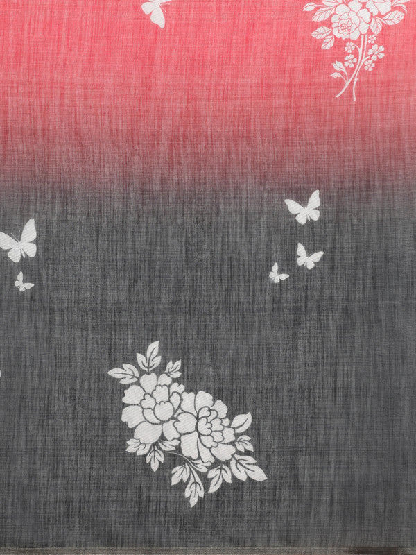 Black Silk Cotton Digital Print Floral Saree with Unstitched Blouse - Hiral Fashion