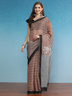 Brown Silk Cotton Digital Print Striped Saree with Unstitched Blouse - Hiral Fashion