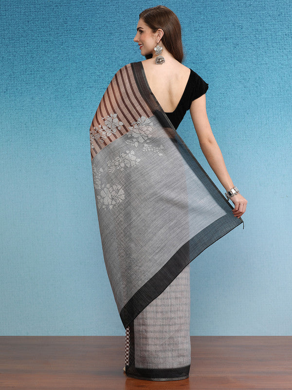 Brown Silk Cotton Digital Print Striped Saree with Unstitched Blouse - Hiral Fashion