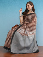 Brown Silk Cotton Digital Print Striped Saree with Unstitched Blouse - Hiral Fashion
