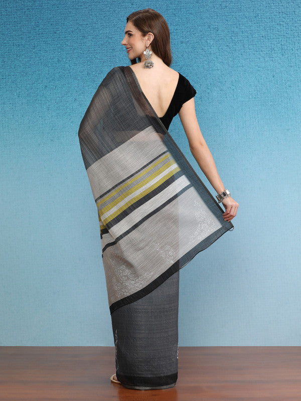 Gray Silk Cotton Digital Print Floral Saree with Unstitched Blouse - Hiral Fashion
