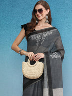 Gray Silk Cotton Digital Print Floral Saree with Unstitched Blouse - Hiral Fashion