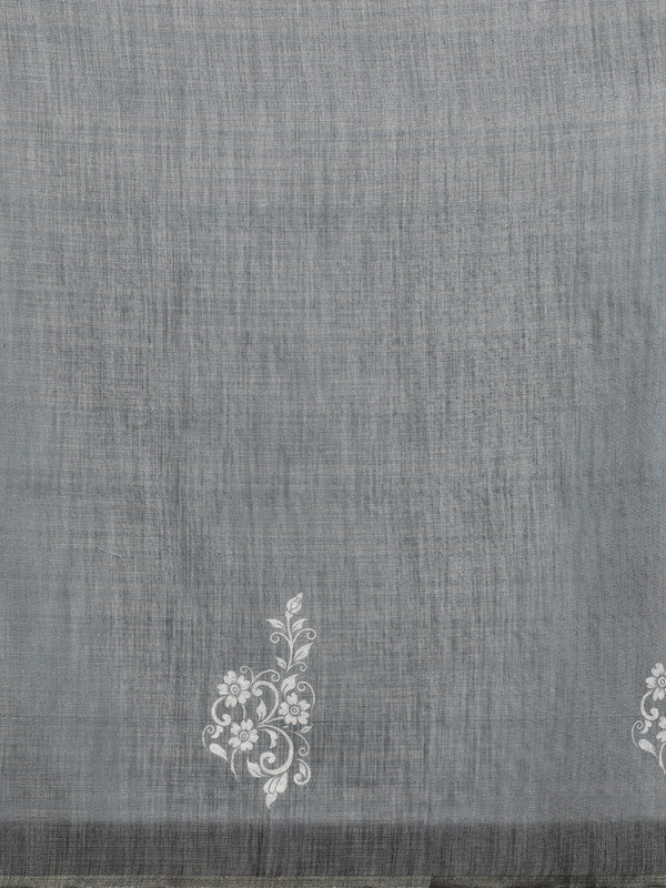 Gray Silk Cotton Digital Print Floral Saree with Unstitched Blouse - Hiral Fashion