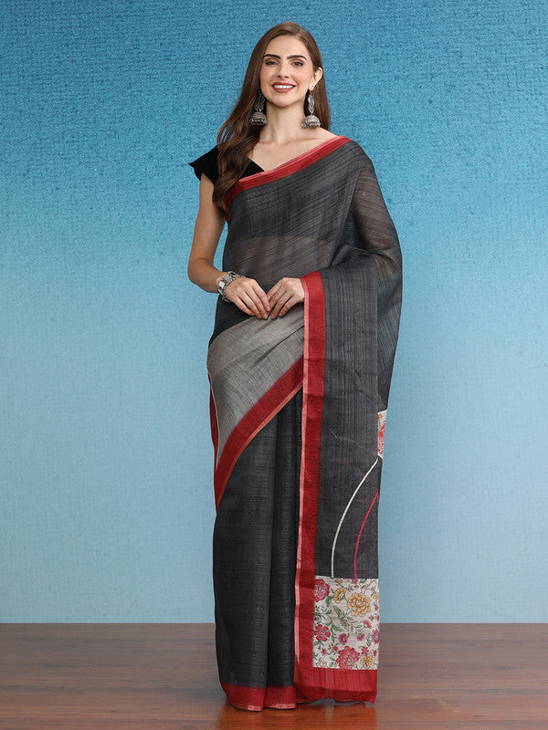 Gray Silk Cotton Digital Print Solid Saree with Unstitched Blouse - Hiral Fashion