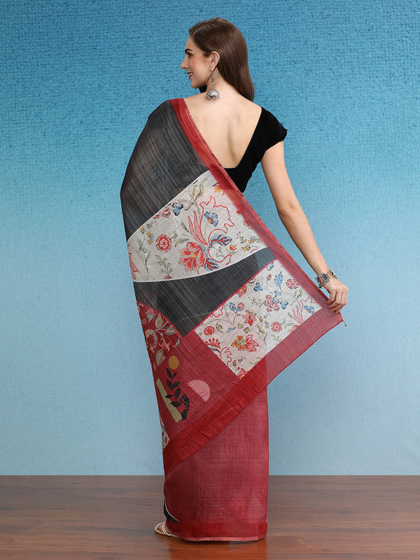 Gray Silk Cotton Digital Print Solid Saree with Unstitched Blouse - Hiral Fashion