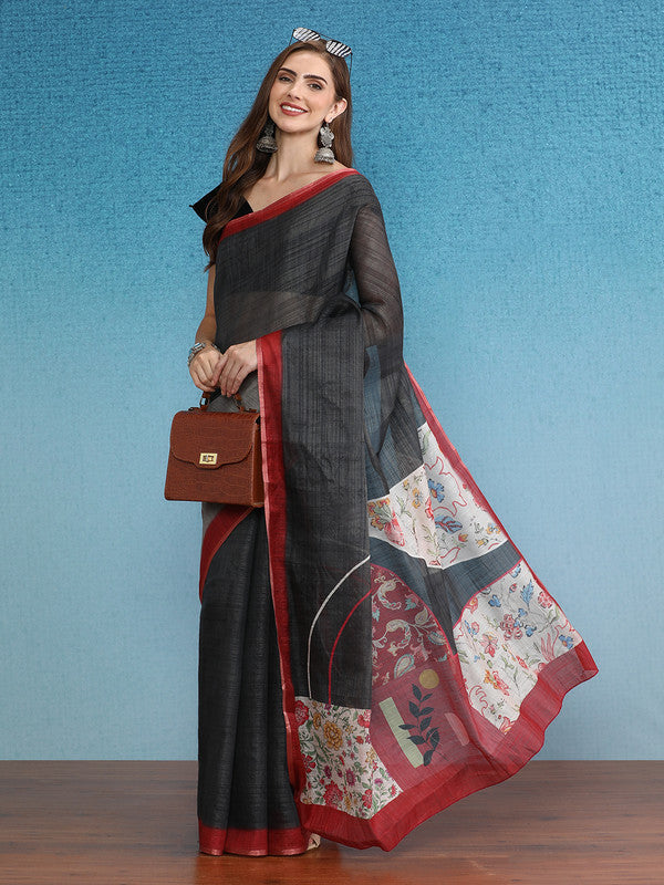 Gray Silk Cotton Digital Print Solid Saree with Unstitched Blouse - Hiral Fashion