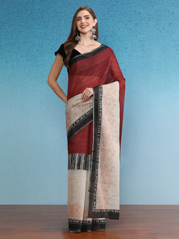Maroon Silk Cotton Digital Print Solid Saree with Unstitched Blouse - Hiral Fashion