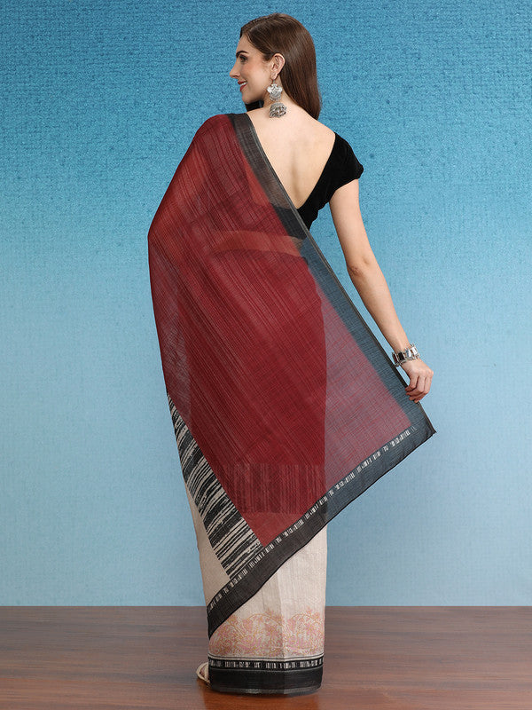 Maroon Silk Cotton Digital Print Solid Saree with Unstitched Blouse - Hiral Fashion